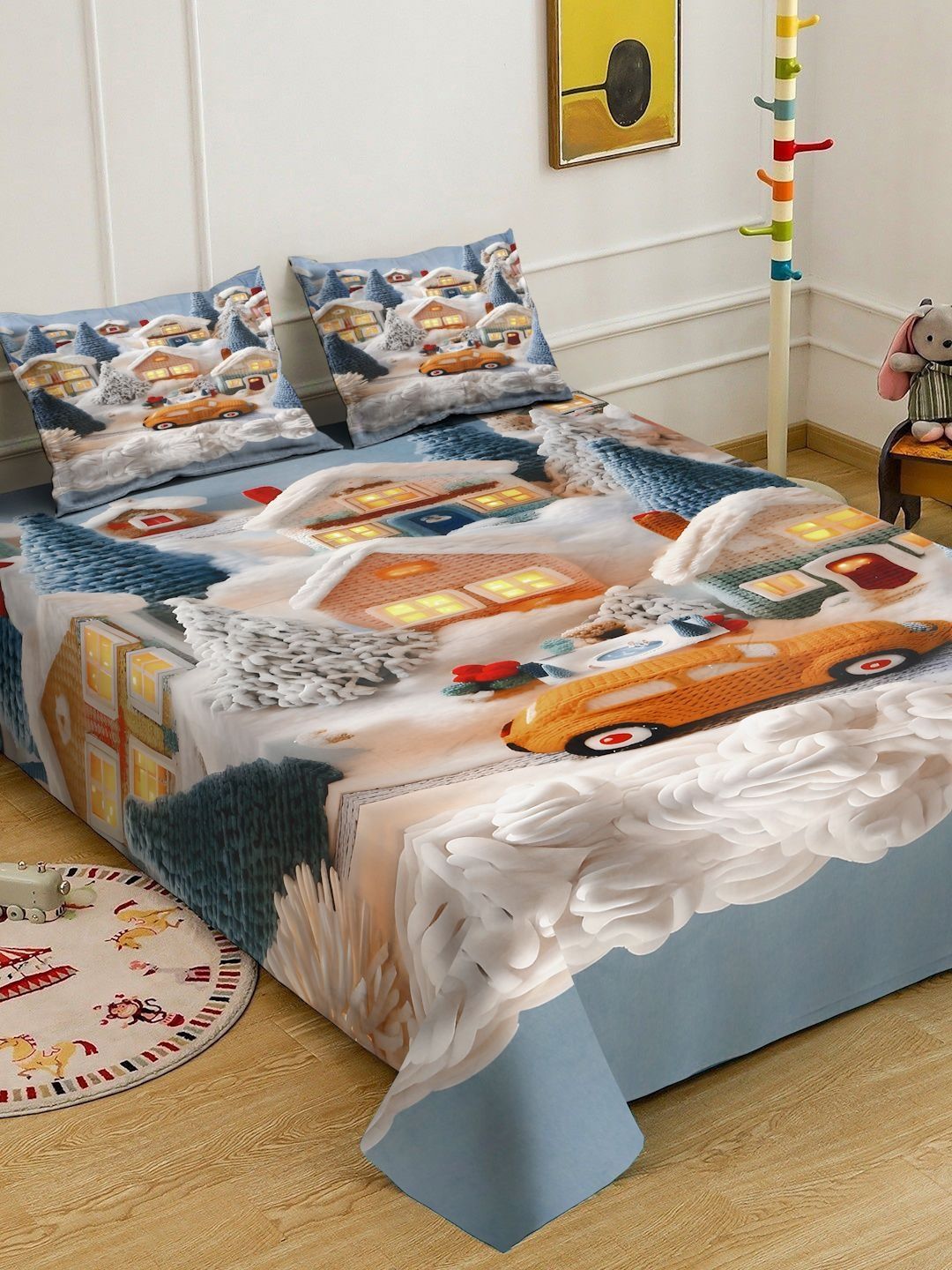 KLOTTHE Blue Cartoon Printed Flat 300 TC Super King Bedsheet With 2 Pillow Cover