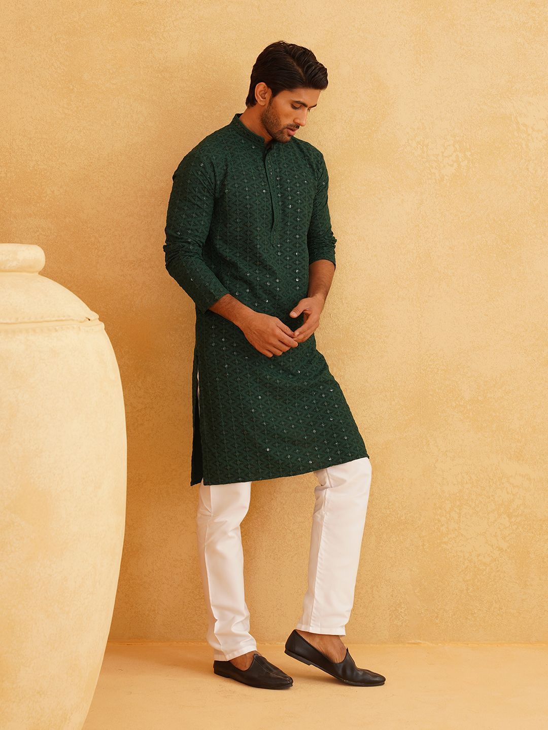 SOJANYA Chevron Embroidered Sequinned Mandarin Collar Pure Cotton Kurta With Churidar
