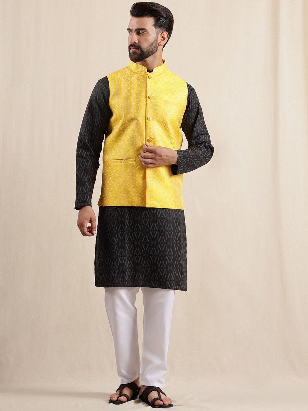 Anouk Geometric Printed Band Collar Straight Kurta With Pyjama And Nehru jacket
