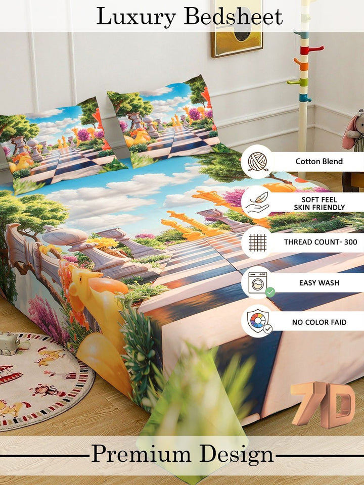 Myntra Elegant Homes Blue & Yellow Cartoon Characters 300 TC King Bedsheet with 2 Pillow Covers