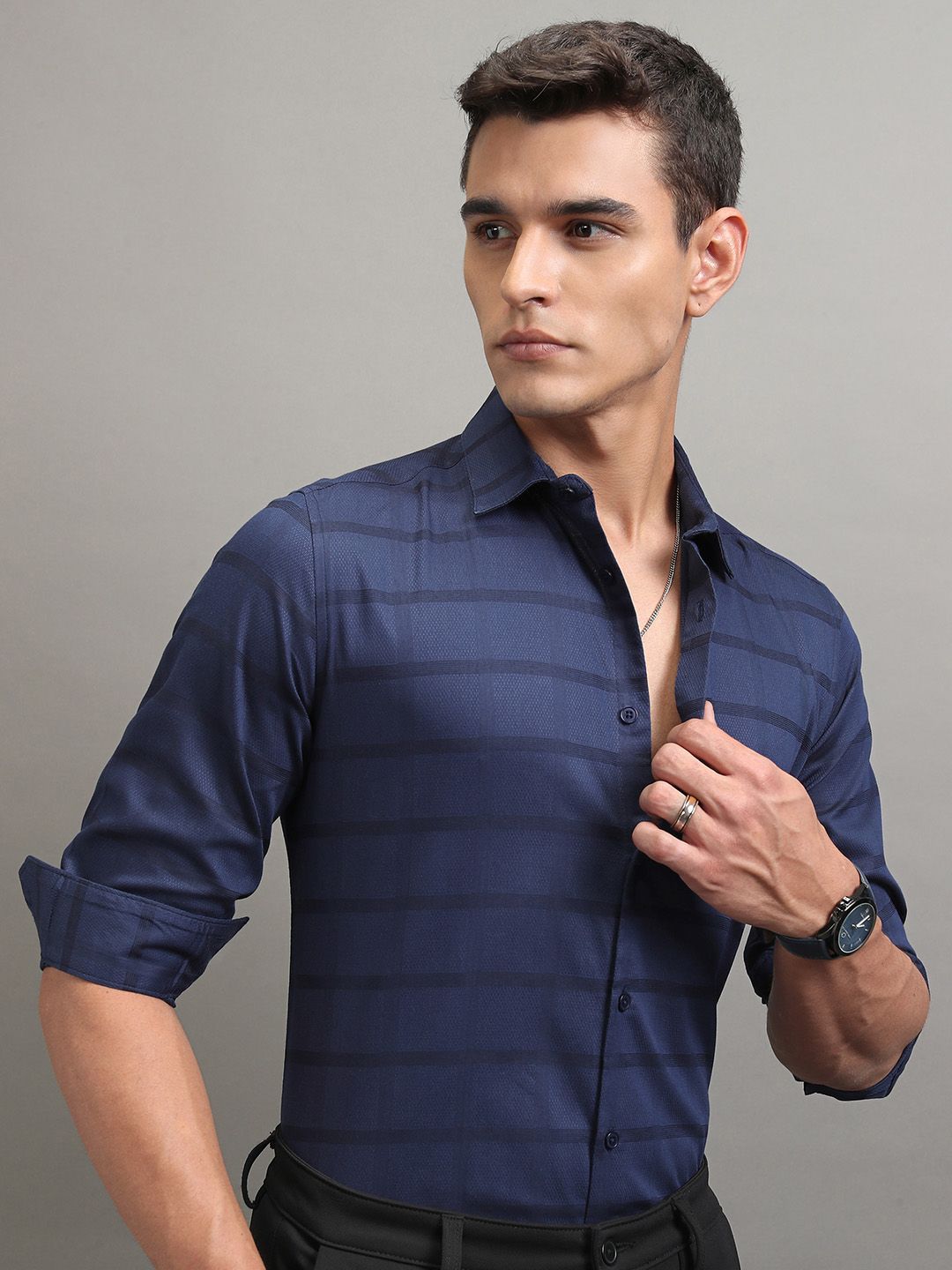 Highlander Men Dobby Textured Solid Mui Occasion Shirt