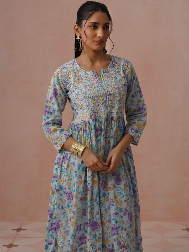 Pakaian Maxi A-Line Cetak Bunga Rumah Chikankari