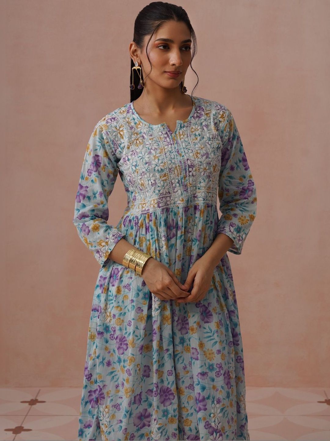 Pakaian Maxi A-Line Cetak Bunga Rumah Chikankari