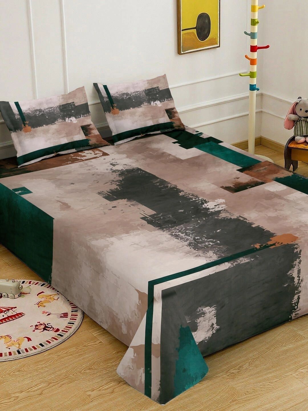 Myntra Elegant Homes Coklat & Hijau Geometrik 300 TC Cadar Katil King dengan 2 Sarung Bantal