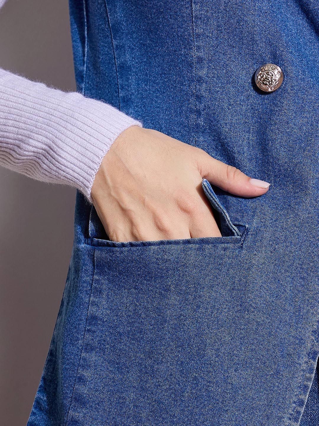 Sassafras wanita lapel collar dibasuh jaket denim kasual pepejal