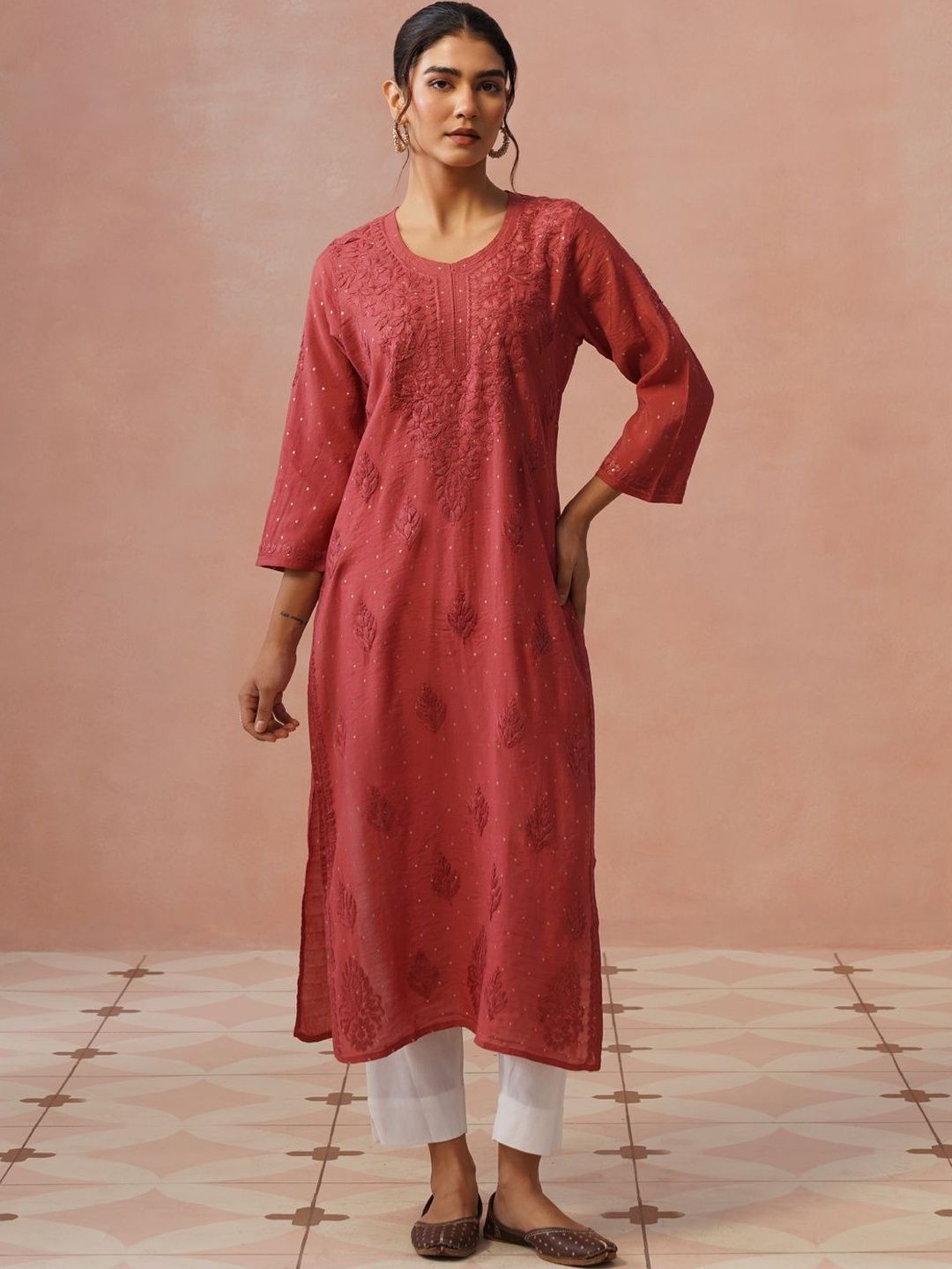 Rumah Wanita Chikankari Berhias Benang Kerja Chanderi Sutera Kurta