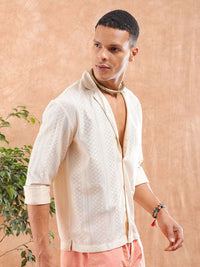 The Indian Garage Co Men Relaxed Fit Solid Warp Knit Lace Resortwear Shirt