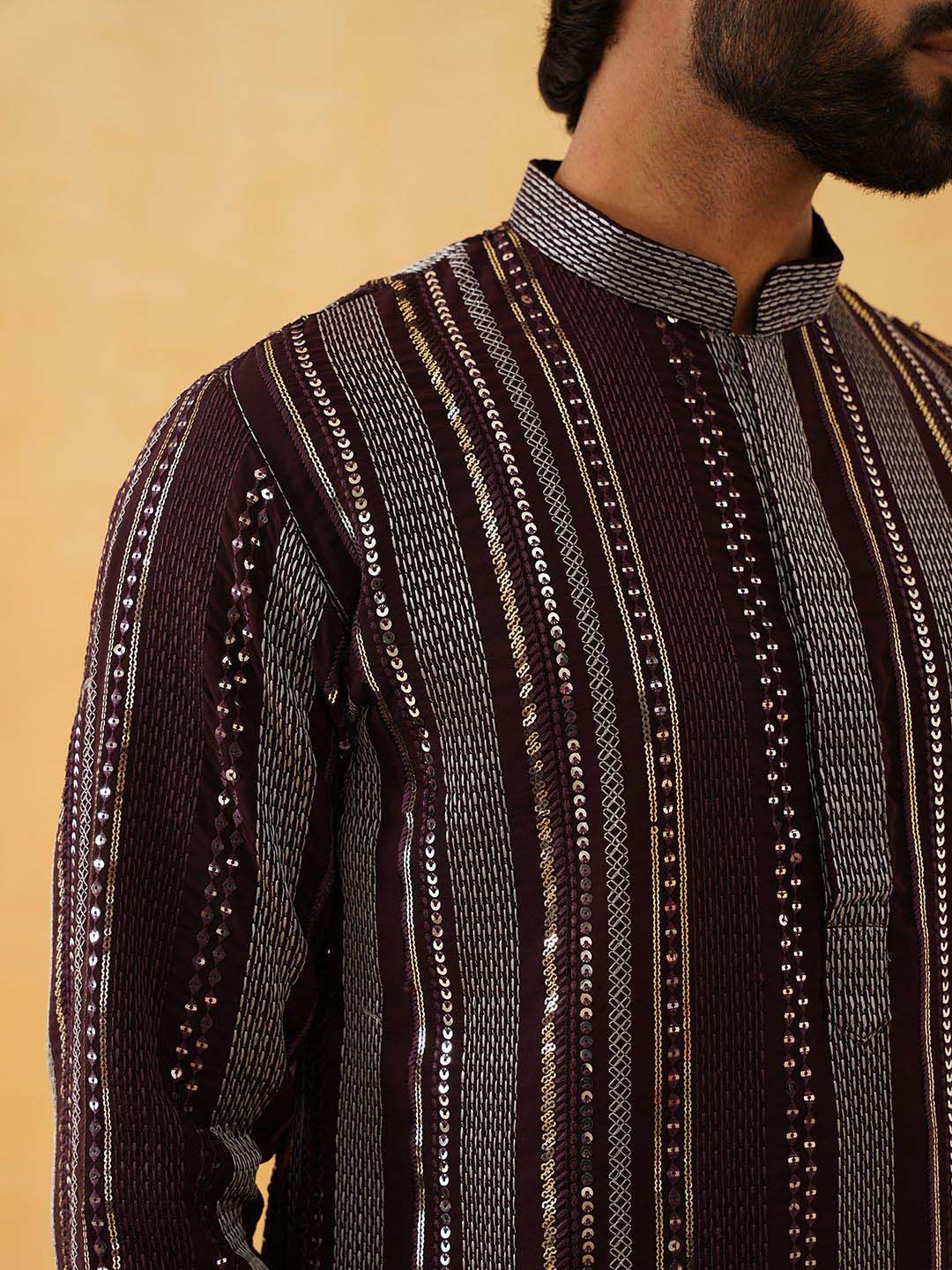 SOJANYA LUXE Striped Embroidered Sequinned Georgette Straight Kurta With Trousers