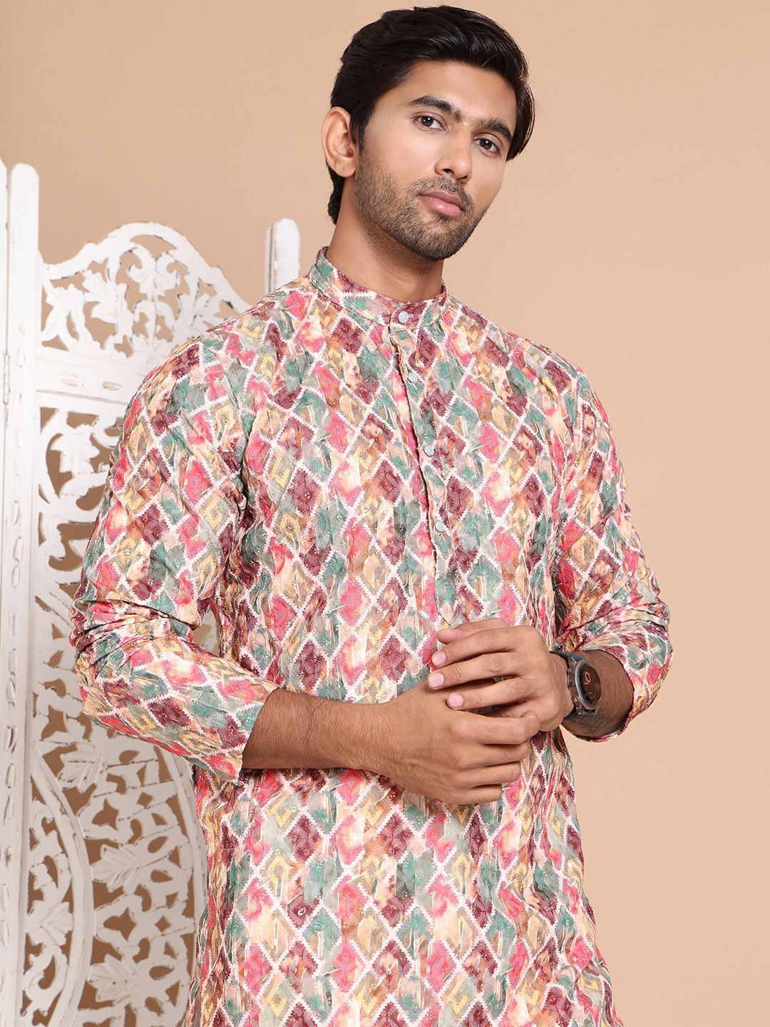 Jompers Men Printed Regular Chikankari Pure Cotton Kurta with Pyjamas