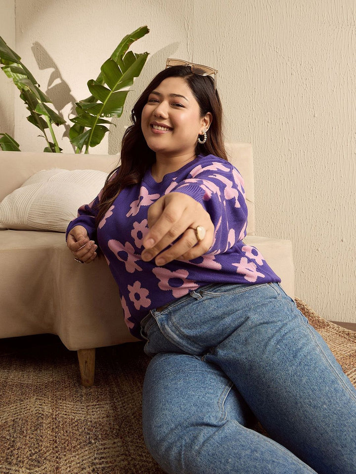 Berrylush Curve Women Floral Printed Round Neck Long Sleeves Plus Size Pullover