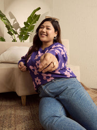 Berrylush Curve Women Floral Printed Round Neck Long Sleeves Plus Size Pullover