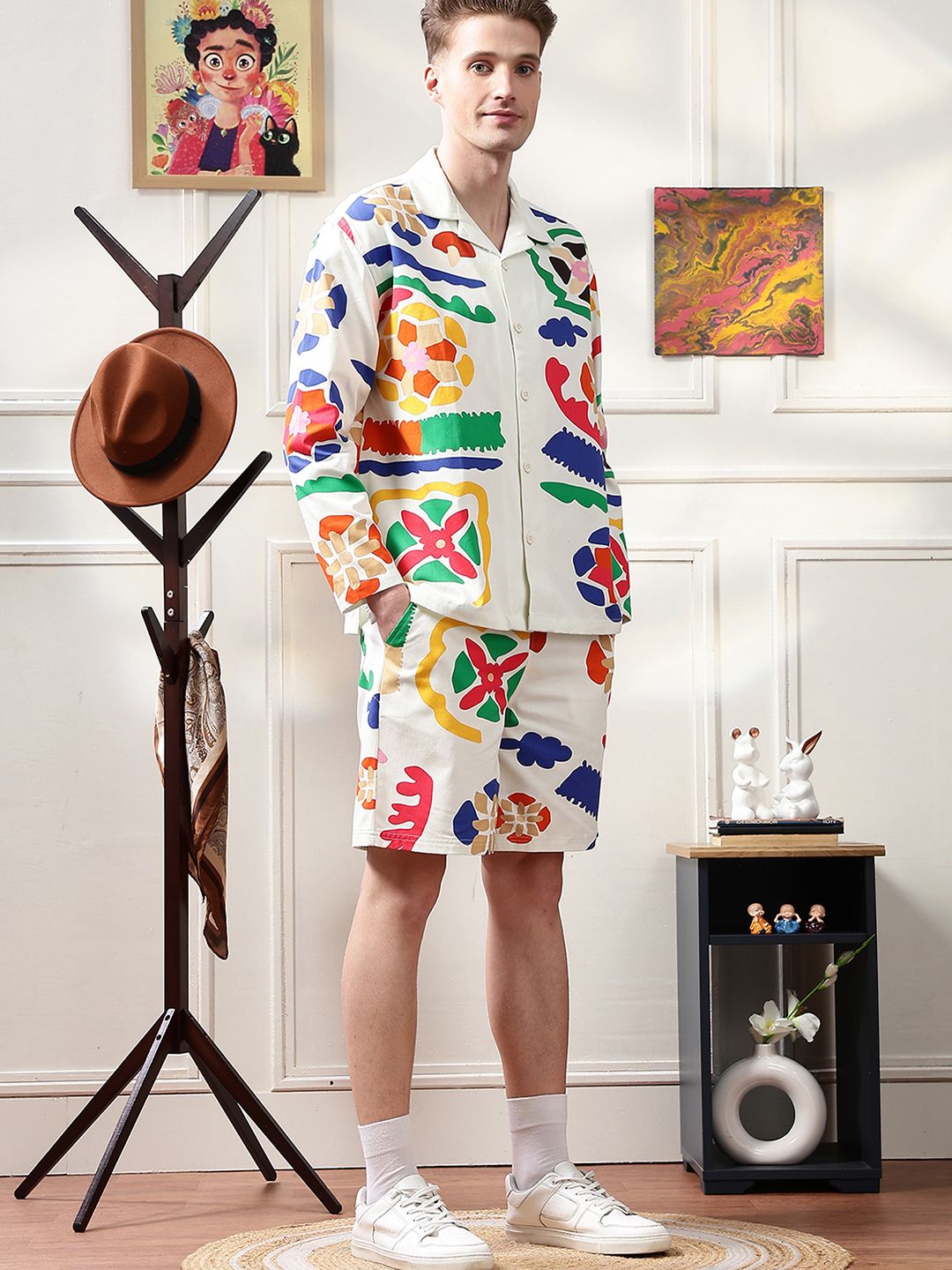 Eszett Ethnic Motifs Printed Spread Collar Oversized Pure Cotton Shirt With Shorts
