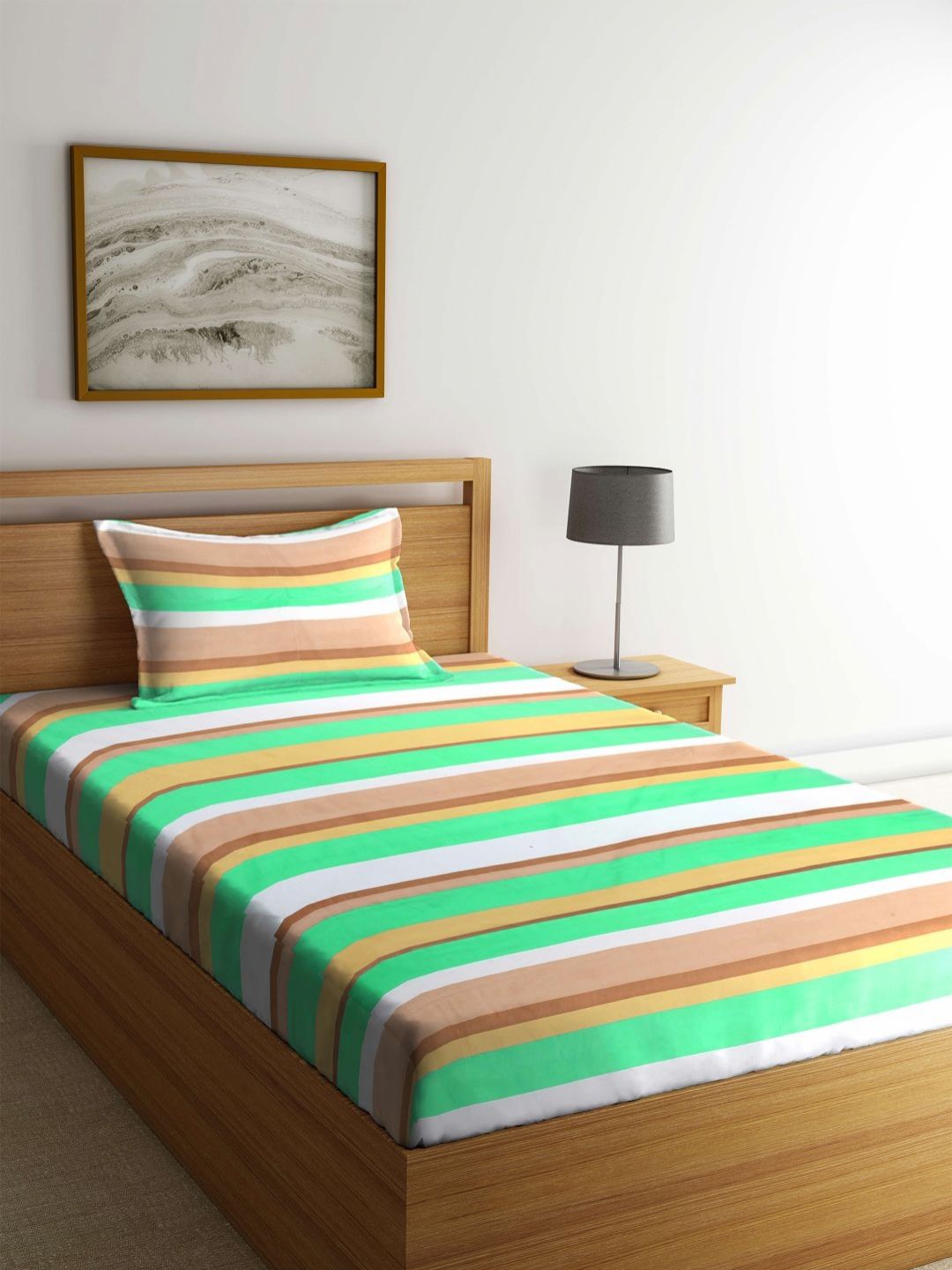 Myntra Elegant Homes Green Striped Polycotton 300 TC Single Fine Bedsheet with a Pillow Cover-89 x 59 inches