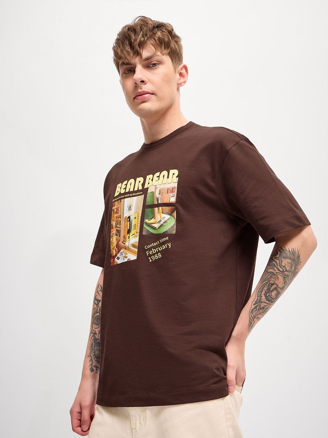 THE BEAR HOUSE Men Graphic Printed Round Neck Pure Cotton Oversized T-shirt