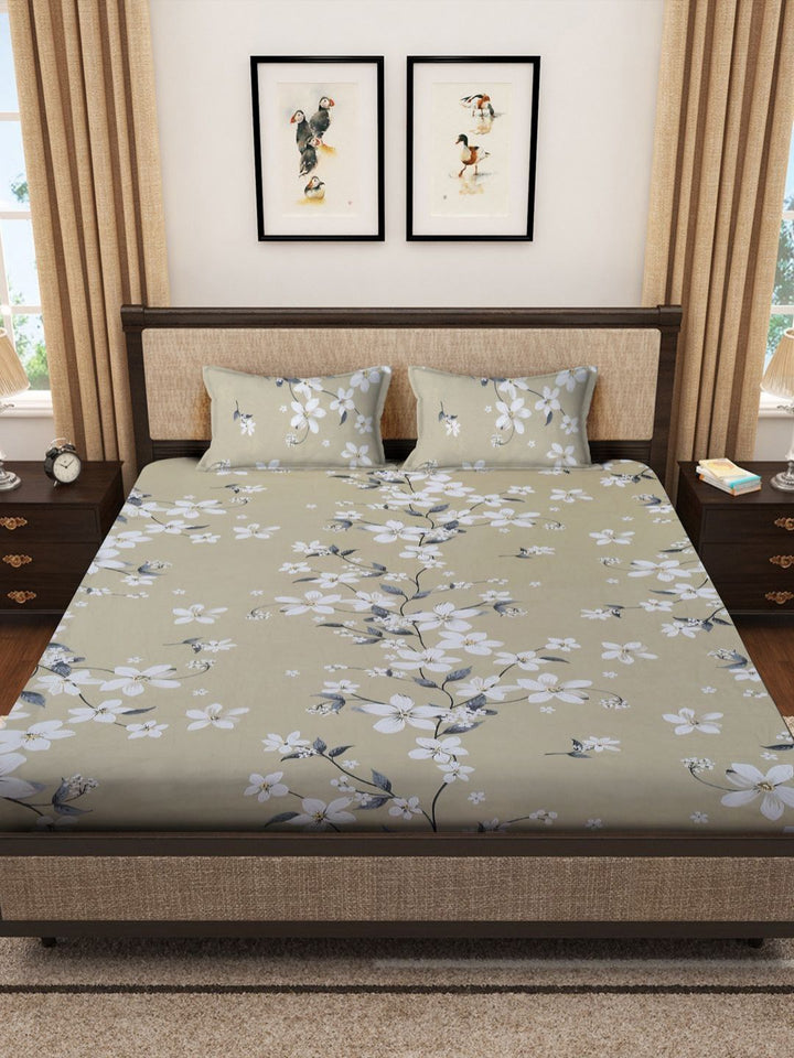 Myntra Elegant Homes Jaipur Beige Floral Cotton 400 TC King Superfine Bedsheet dengan 2 Sarung Bantal-250 x 225 cm