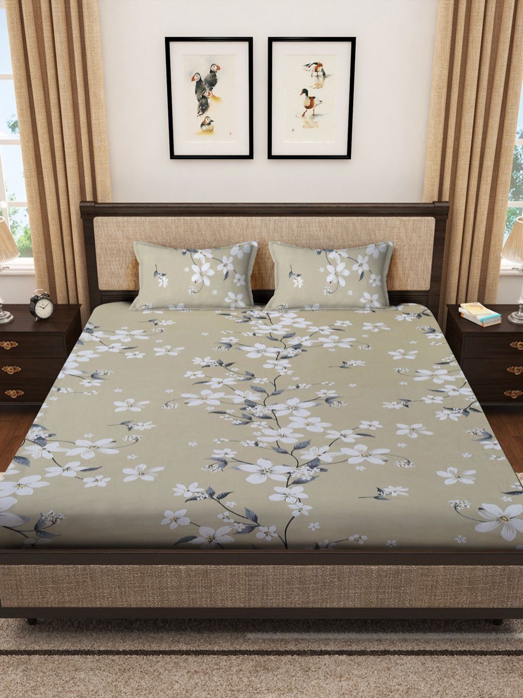 Myntra Elegant Homes Jaipur Beige Floral Cotton 400 TC King Superfine Bedsheet dengan 2 Sarung Bantal-250 x 225 cm