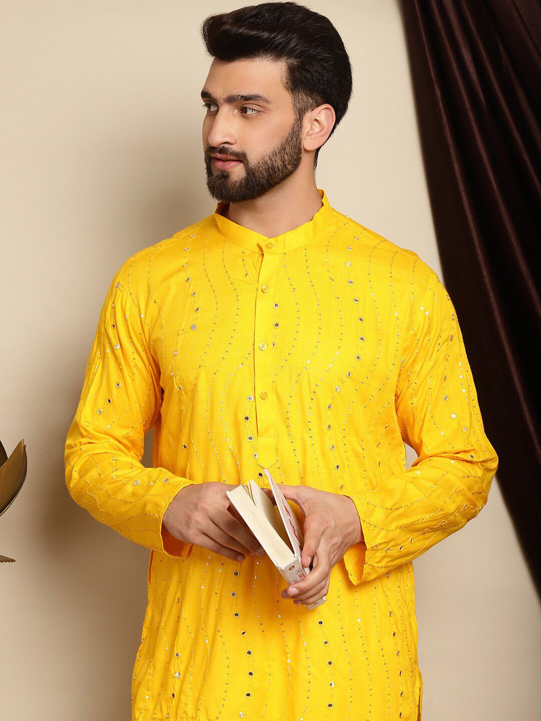 Anouk Leheriya Mirror Sequined Mandarin Collar Pure Cotton Kurta With Churidar