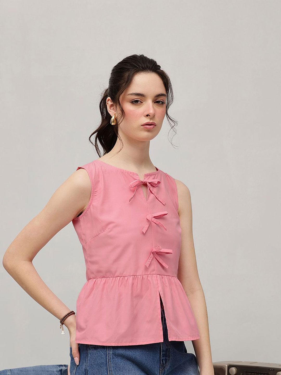 STREET 9 Women Tie-Up Neck Cotton Peplum Top
