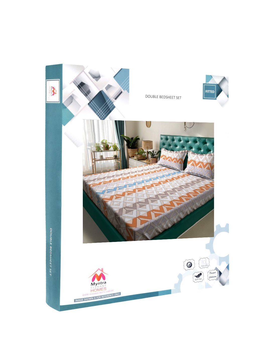 Myntra Elegant Homes Peach Geometric Cotton 300 TC Fitted King Cadar Halus dengan 2 Sarung Bantal-98 x 89 inci