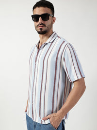 Thomas Scott Men Premium Spread Collar Vertical Striped Cotton Slim Fit Casual Shirt