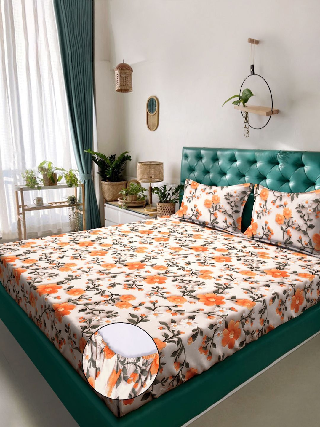 Myntra Elegant Cream Floral Printed Dilengkapi 300 TC King 7D Cadar & 2 Sarung Bantal