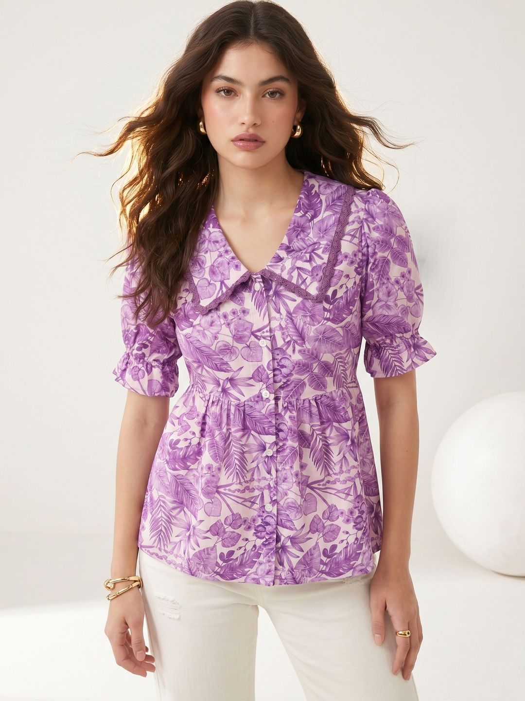 Mamicha Floral Print Peter Pan Collar Puff Sleeve Top