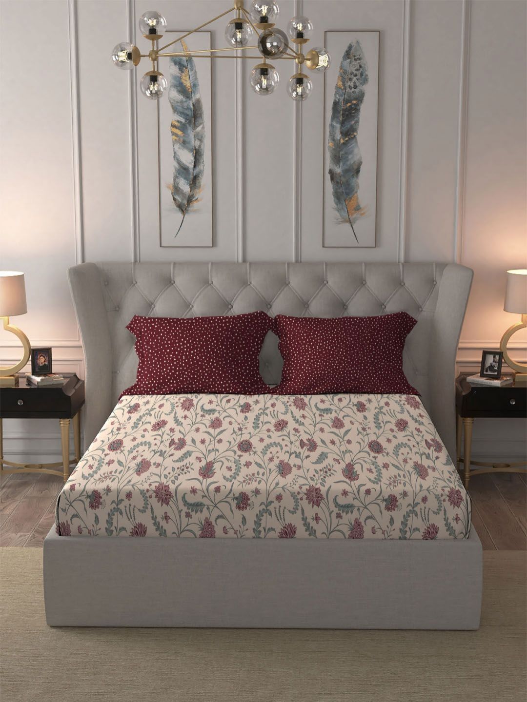 MYTRIDENT Coromandel Red Dusk & Dawn Flat 144TC Queen Cotton Bedsheet Set