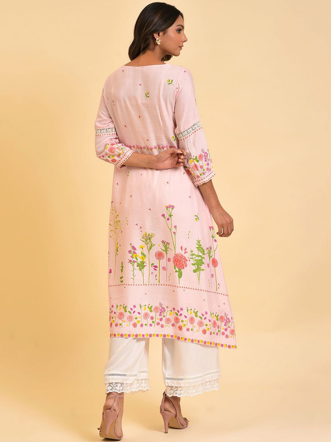 W Floral Printed Keyhole Neck Puff Sleeves Thread Work A-Line Kurta