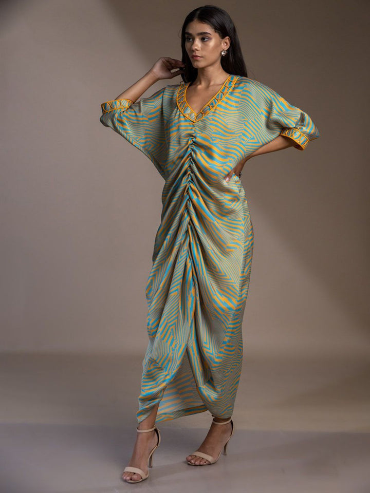 Mamicha Wanita Cetak Lengan Batwing V-neck A-Line Maxi Dress