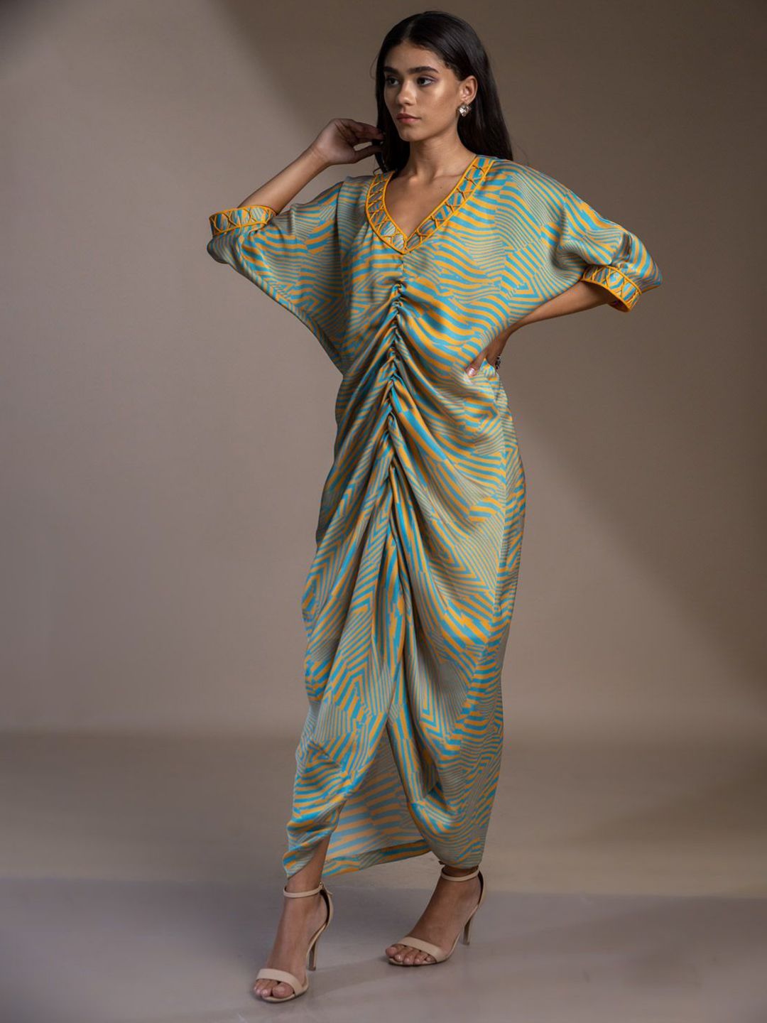 Mamicha Wanita Cetak Lengan Batwing V-neck A-Line Maxi Dress