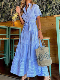 all about you Women Striped Belted Shirt Collar Maxi Dress