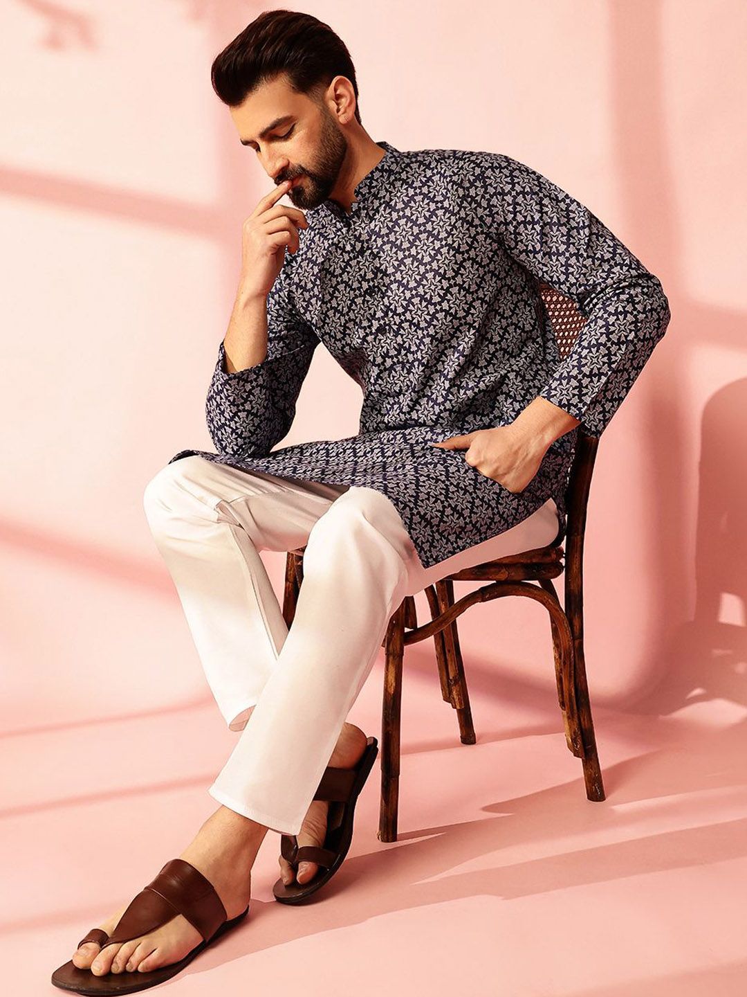 Anouk Floral Printed Mandarin Collar Cotton Linen Straight Kurta