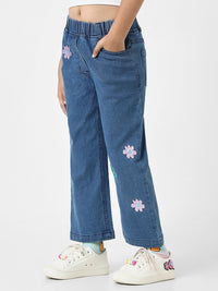 Nauti Nati Girls Cotton Denim Jeans with Little Flower Appliques