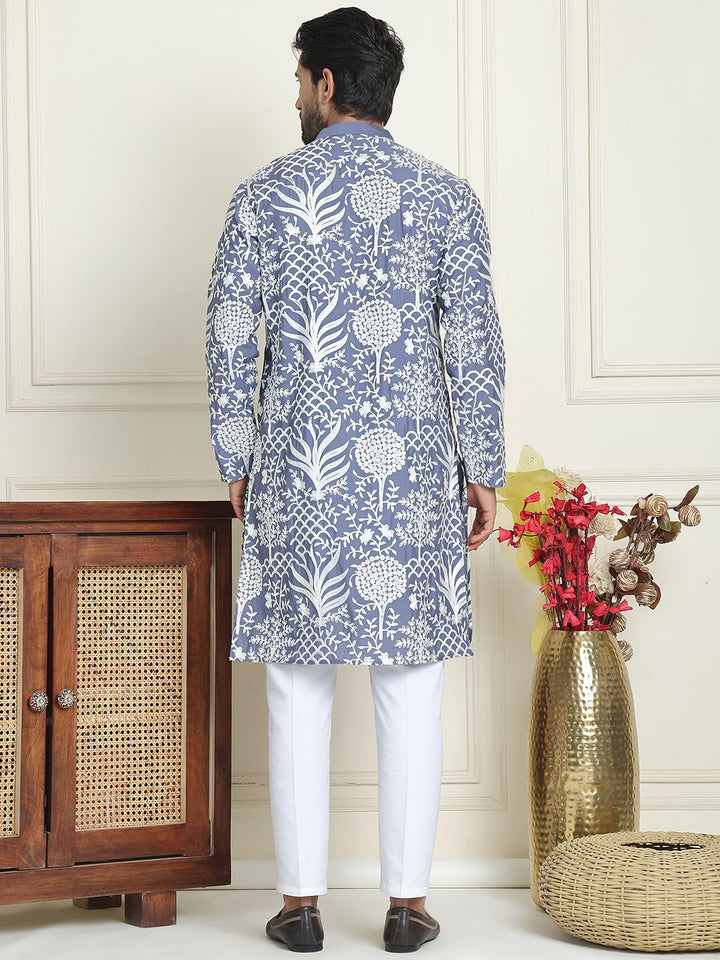 Jompers Floral Embroidered Thread Work Mandarin Collar Straight Kurta With Pyjamas