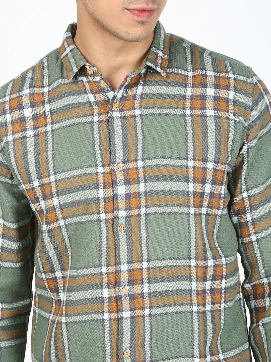 Bene Kleed Men Tartan Checked Spread Collar Cotton Casual Shirt