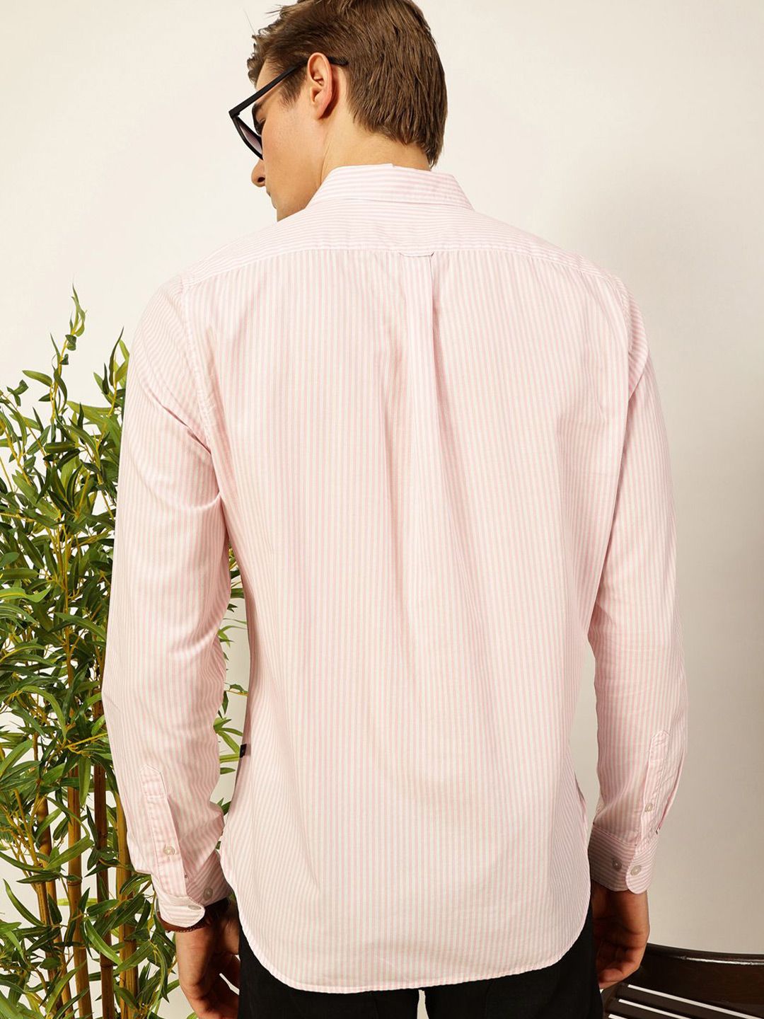 Thomas Scott Men Smart Spread Collar Vertical Striped Cotton Slim Fit Casual Shirt