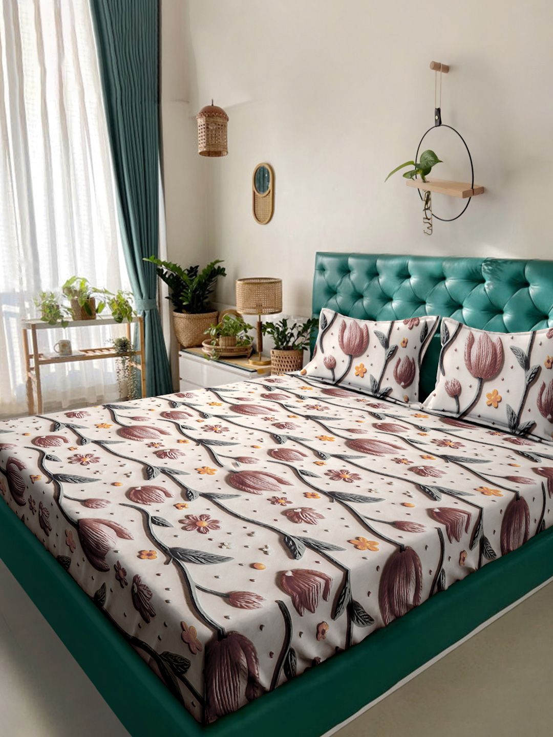 KLOTTHE Coklat Bunga 300TC King Superfine Cadar 7D & 2 Sarung Bantal-2.50mx2.25m