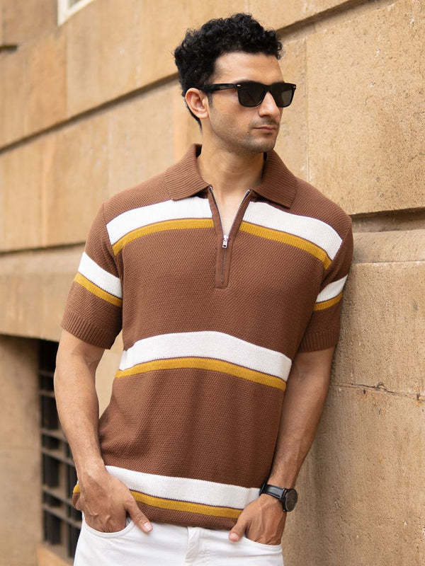 Powerlook SS25 Striped Polo Collar Polo Collar Pure Cotton T-Shirt