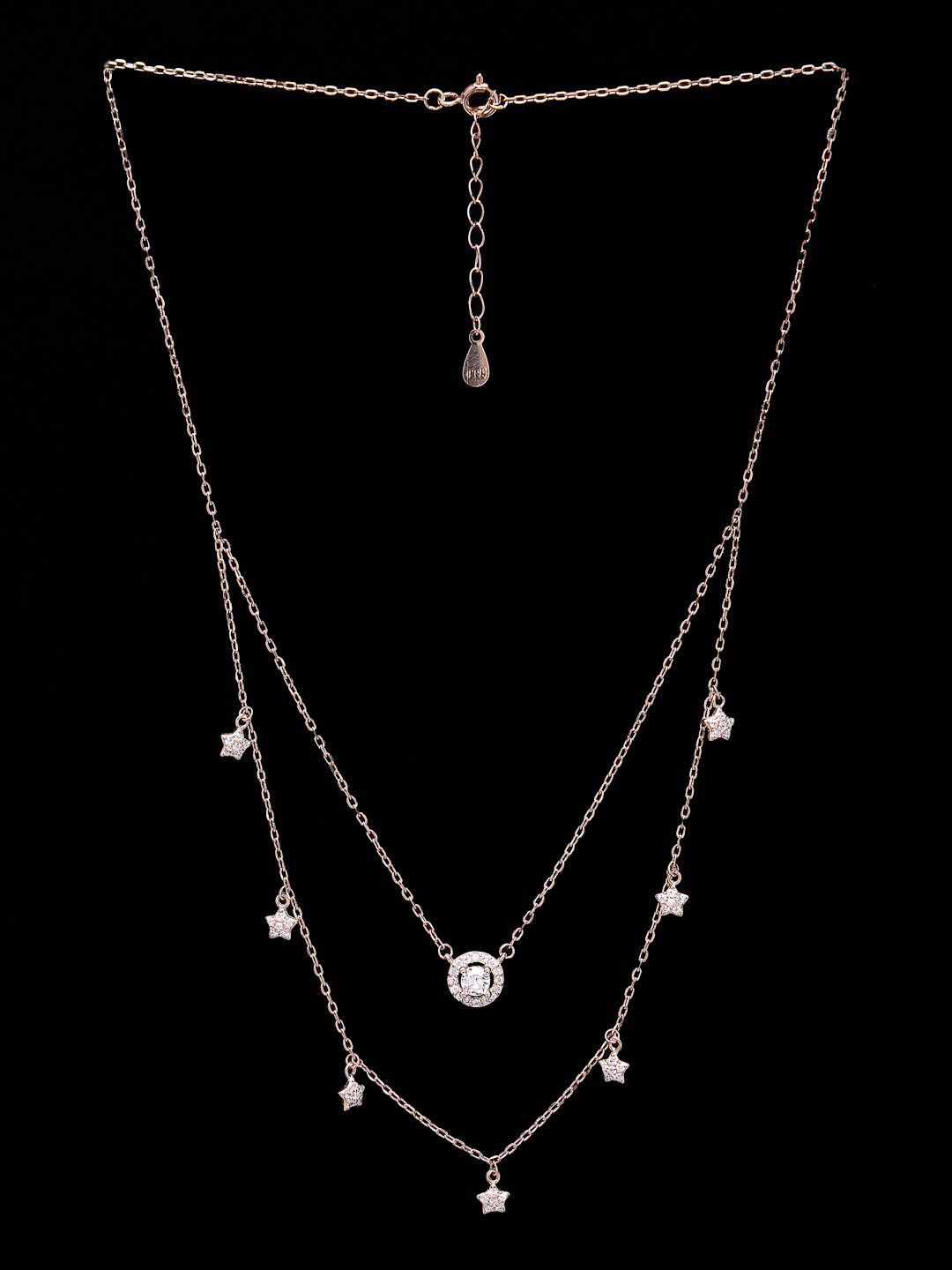 PANASH 925 Sterling Silver Rose Gold-Plated Layered CZ-Studded Solitaire Necklace