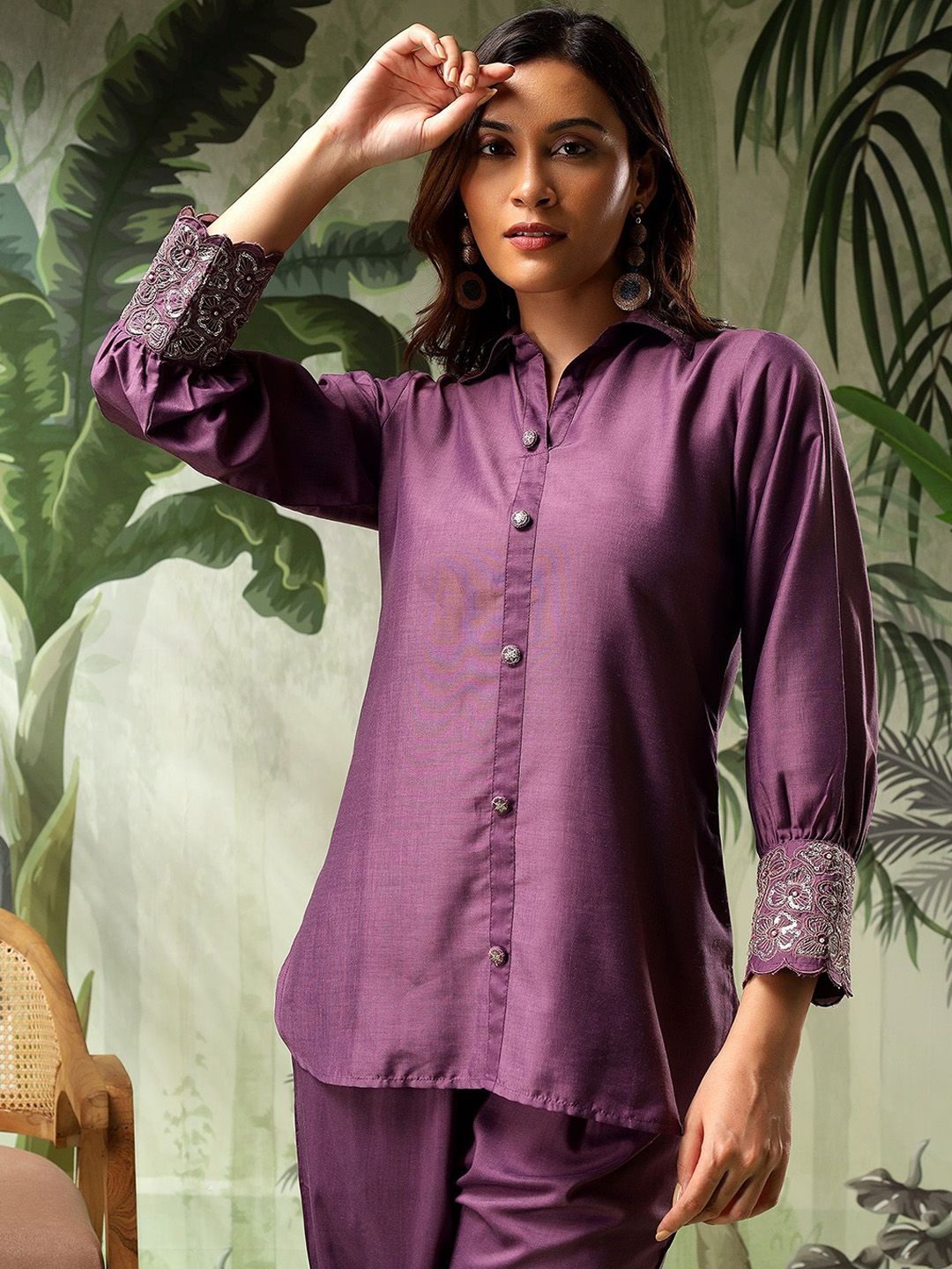 Bani Women Embroidered Puff Sleeves Pure Silk Shirt With Trousers
