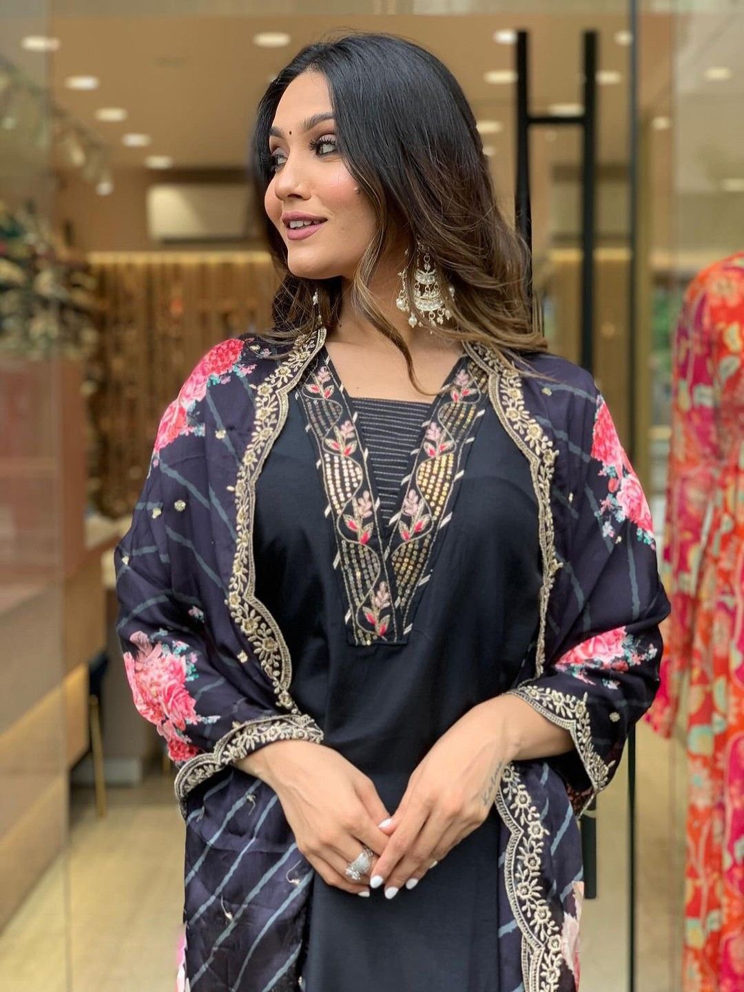 KALINI Women Floral Embroidered Regular Thread Work Kurta with Trousers & With Dupatta
