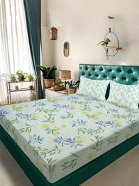 Aura Green & Blue Floral Printed 300 TC Double King Bedsheet Set-2.50 m X 2.25 m