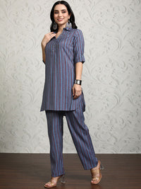Vishudh Striped Shirt Collar Tunic With Trousers