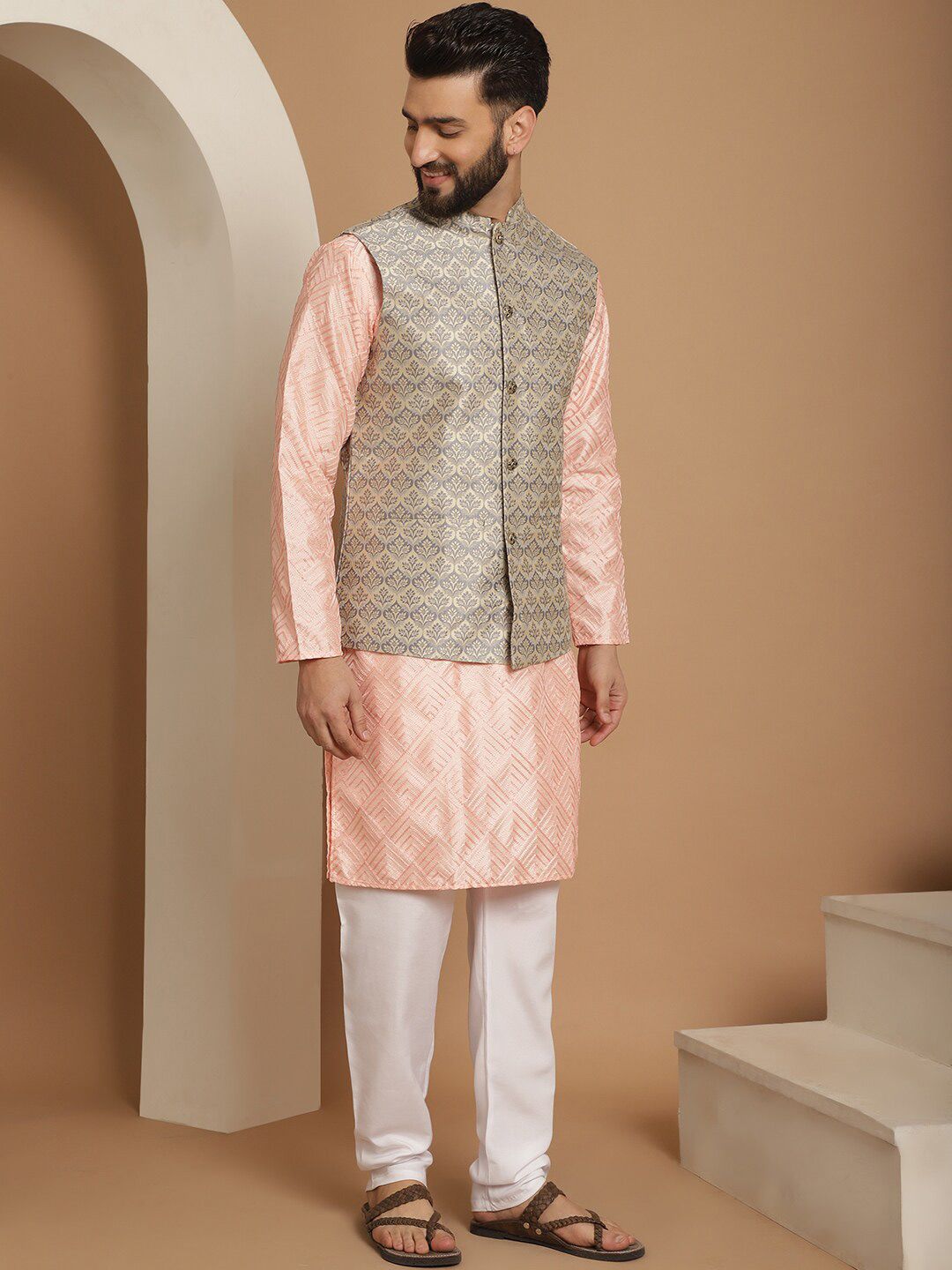 Anouk Embroidered Regular Thread Work Kurta with Churidar & Nehru Jacket