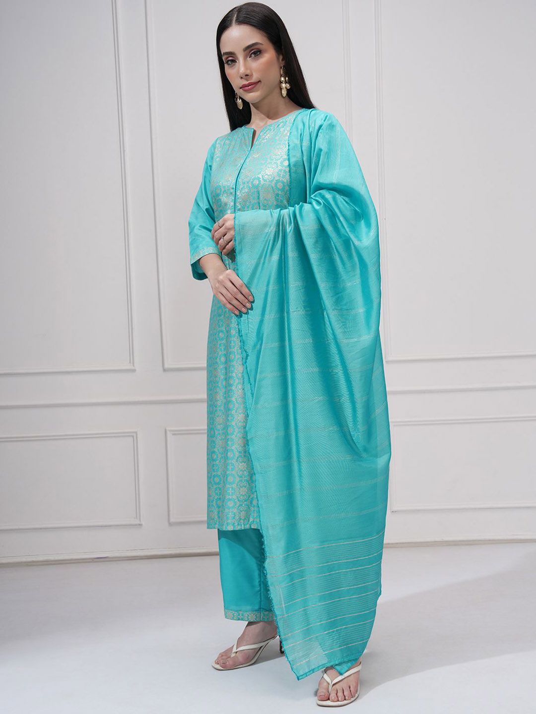 Vishudh Floral Woven Design Notch Neck Jacquard Straight Kurta With Trouser And Dupatta