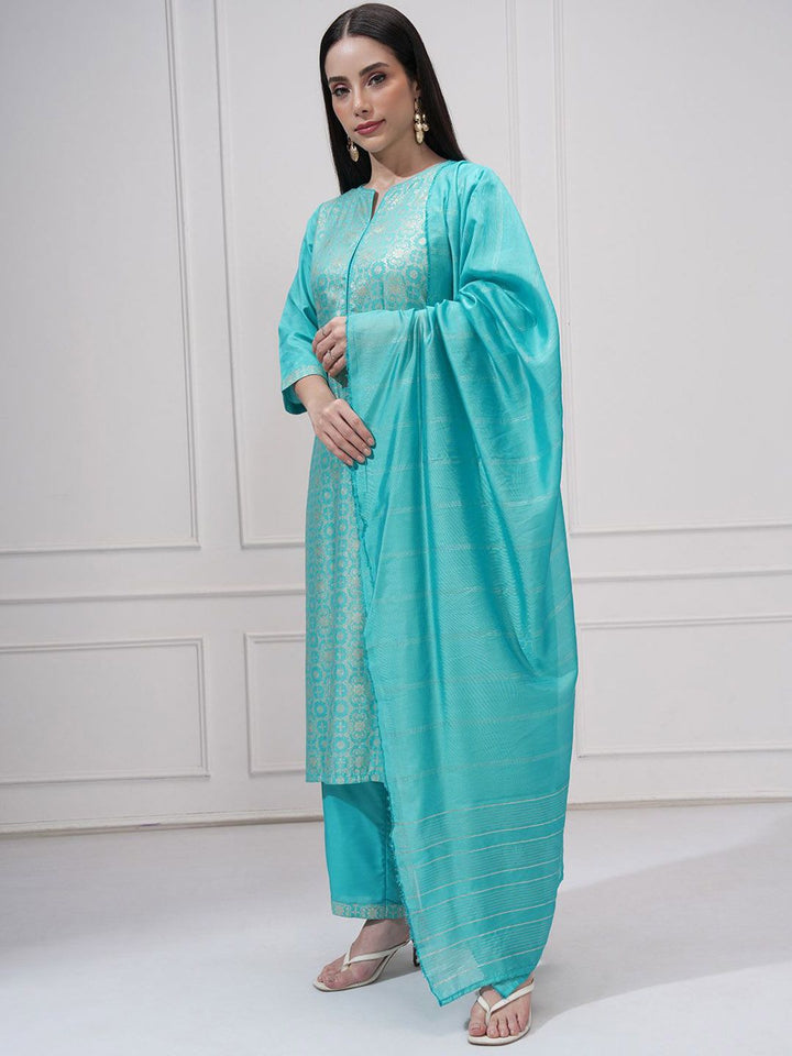 Vishudh Floral Woven Design Notch Neck Jacquard Straight Kurta With Trouser And Dupatta