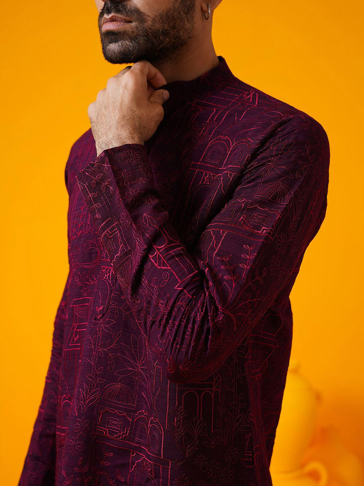 SOJANYA Floral Thread Work Band Collar Straight Kurta