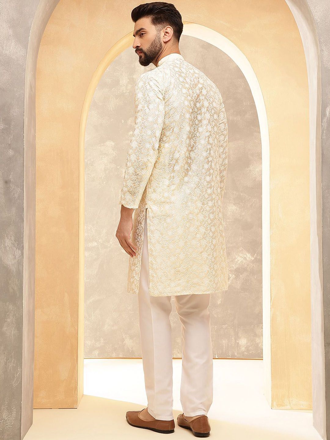 Anouk Cream Embroidered Mandarin Collar Kurta With Trouser