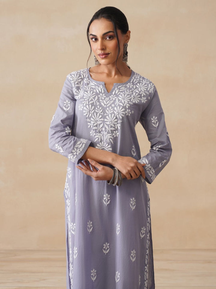 Rumah Wanita Chikankari Kapas Kelabu Chikankari Sulam Kurta