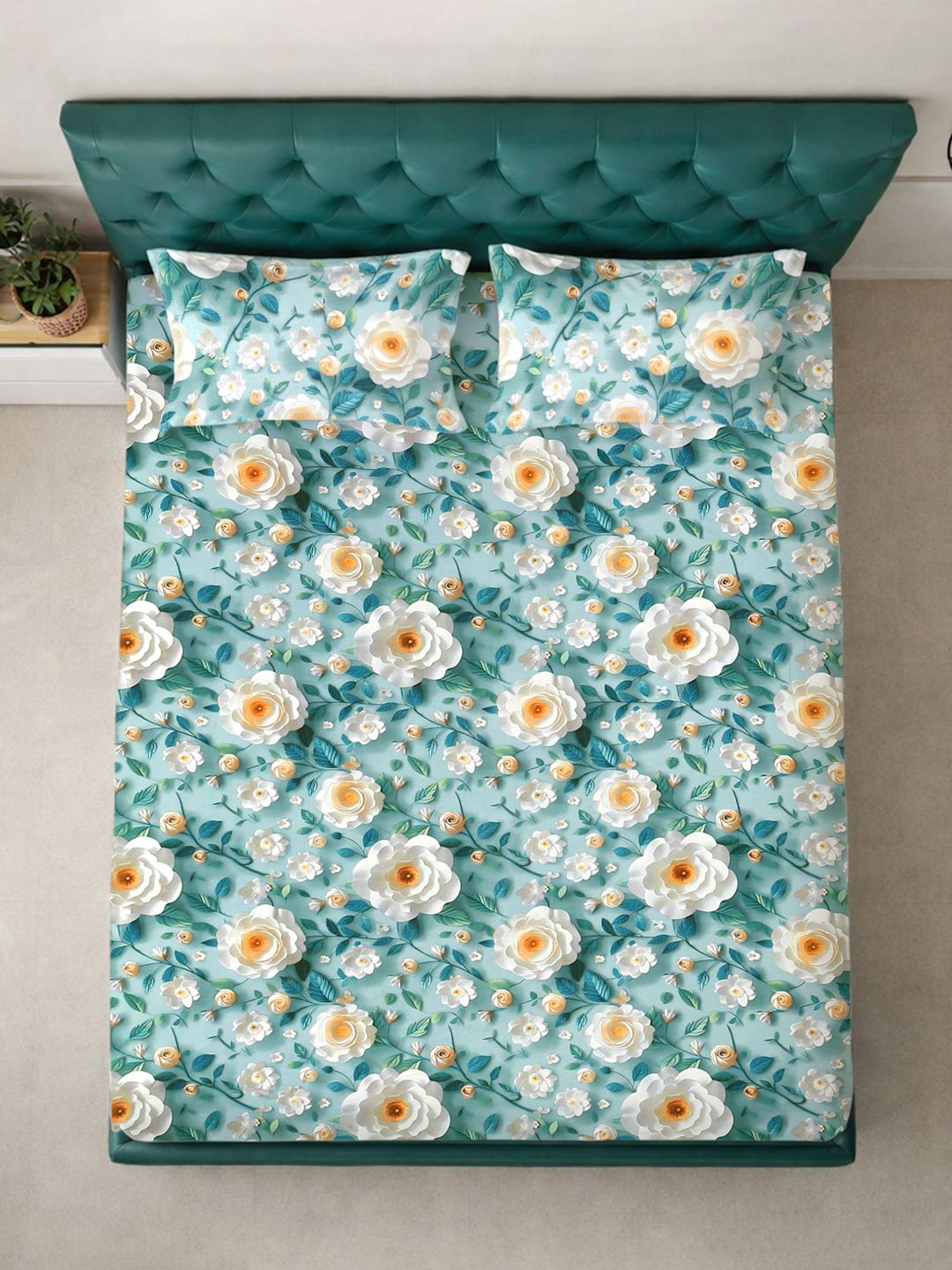 KLOTTHE Turquoise Blue Floral Printed Flat 300 TC King 7D Bedsheet With 2 Pillow Cover